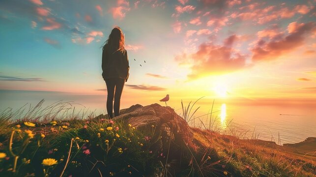 A woman stands silhouetted against a vibrant sunset sky, overlooking the sea. Her long hair flows in the gentle breeze, and she faces away from the camera. She is on a grassy cliff adorned with colorf