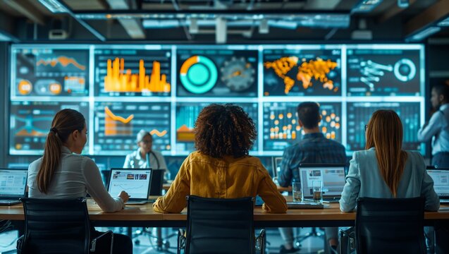 High-tech business meeting in progress, diverse team collaborating with digital tools, creative office background