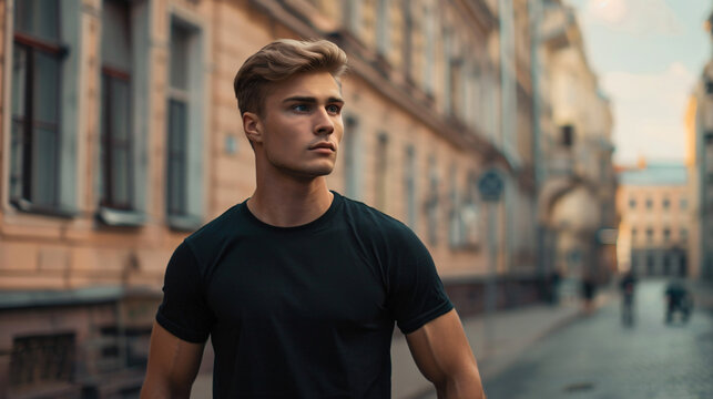 male model in a black cotton t-shirt 