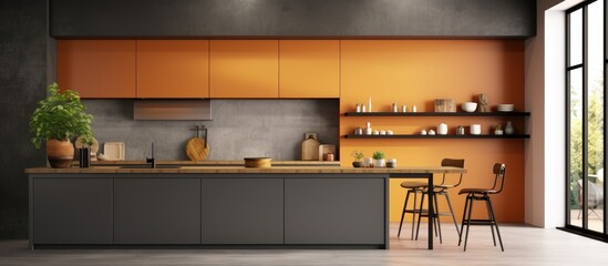Modern kitchen interior with space on wall and natural light Mock up
