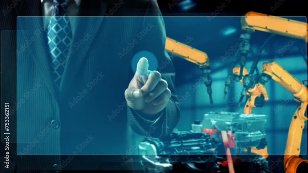 Poster xai engineer use cybernated robotic software to control industry robot arm in factory. automation ma
