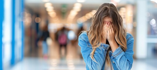 Distressed teenage girl covering face in school corridor, text space, learning difficulties concept