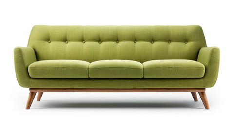 Wooden-legged green fabric sofa, isolated on white background, part of furniture collection.