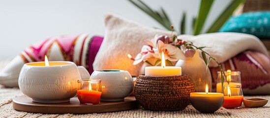 Obraz na płótnie Canvas Home interior decor with burning candles in coconut shell on a colorful rug and white ceramic vases with pillows