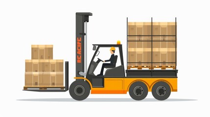 Warehouse workers and forklift drivers Forklift carrying pallets with goods in boxes, transportation, moving