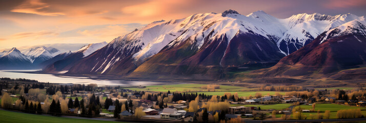 Tranquil Twilight: An Aerial View of a small town nestled in a lush valley beneath Majestic Mountains during Sunset