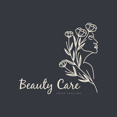 hand drawn logo line art feminine beauty floral botanical salon spa cosmetic care design vector illustration minimalism.