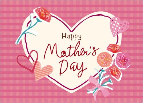 母の日 ハートとカーネーションの花　ピンクのチェックのバナーや広告用素材