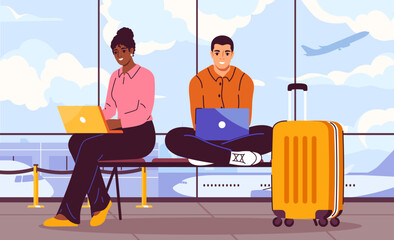 Freelancers work at airport. Man and woman with laptops sitting near yellow luggage and baggage. Digital workers earn money on internet. Travel and tourism. Cartoon flat vector illustraton - obrazy, fototapety, plakaty
