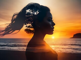 A beautiful double exposure that combines an goddess silhouette with sunset coast, sunset coast, underlying backdrop, with its details incorporated into the goddess Generative AI