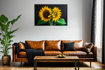 Sunflowers on wooden table next to leather sofa in living room interior with poster.