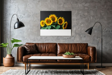 Sunflowers on wooden table next to leather sofa in living room interior with poster Stock Photo.