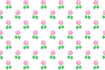 Illustration, pattern of pink rose flower with leaf on white background.
