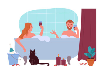 Date in bath concept. Man and woman with wine and champagne in glasses. Romance and love. People in jacuzzi with candles. Cartoon flat vector illustration isolated on white background