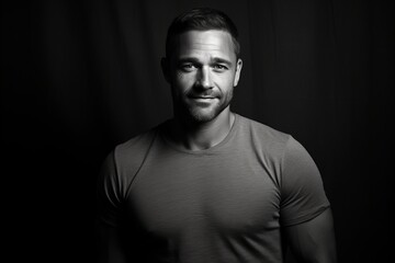 Fototapeta na wymiar Portrait of a handsome man in a gray t-shirt on a black background