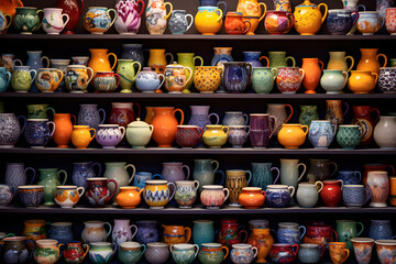 Fototapeta na wymiar Artful Display of Colorful and Patterned Ceramics: A Fusion of Functionality and Aesthetic Appeal