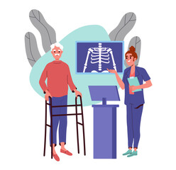 Doctor and x ray. Specialist in medical uniform with old man. Consultation and medical advice. Radiology with xray. Cartoon flat vector illustration isolated on white background
