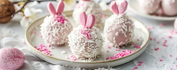 Obraz na płótnie Canvas Sweet Easter Surprise: Fluffy Bunny Tail Cake Balls with Coconut and Pink Decor