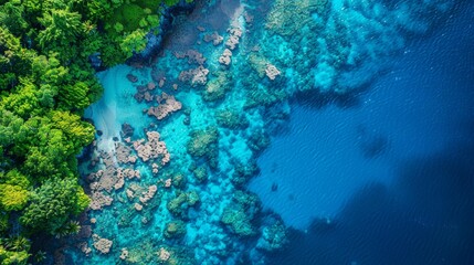 Drone shot of a vibrant coral reef teeming with marine life in crystal-clear tropical waters