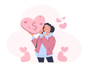 Woman with donation simple. Young girl with pink heart in hands. Charity, kindness and generosity. Activist and volunteer. Doodle flat vector illustraton isolated on white background