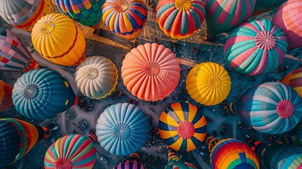 Fototapeta na wymiar Experience the picturesque allure of a hot air balloon festival as seen through the eyes of a drone, revealing an aerial view adorned with a myriad of vibrant colors