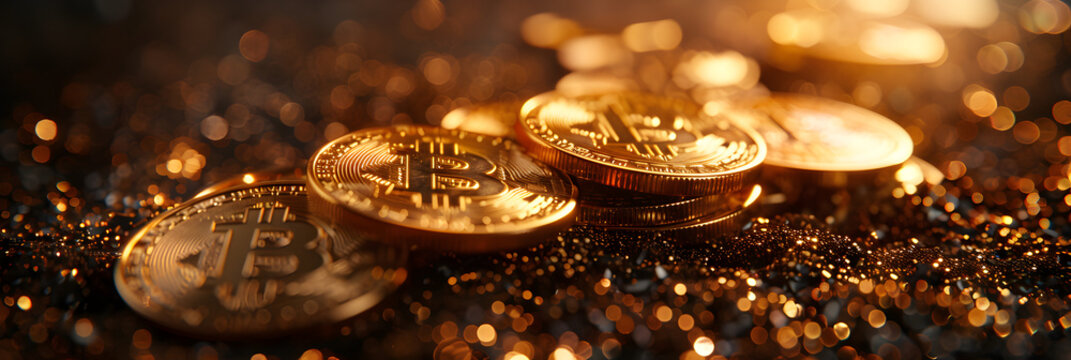  Bitcoin Cryptocurrency represented as Gold Coins,
There are many coins that are on the table with a lot of them