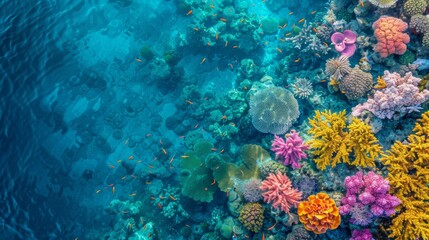 Top view the lively marine ecosystem thriving within a vibrant coral reef, nestled in the pristine, crystal-clear waters of the tropics