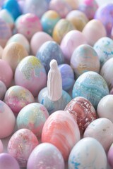 Fototapeta na wymiar Embracing Spring's Arrival: A Peaceful Portrait with a Diverse Array of Pastel Easter Eggs