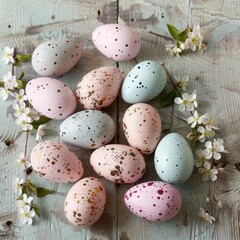 Obraz premium Delightful Pastel Easter Eggs Artfully Arranged on a Weathered Wooden Surface, Ushering in the Spring Season