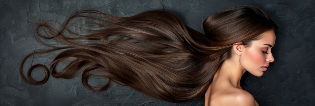 Glamorous brunette woman with flowing long hair on dark backgroundhaircare and beauty concept