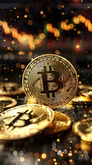 Close-up of golden Bitcoin coins with bokeh lights, symbolizing digital currency, investment, and financial technology.