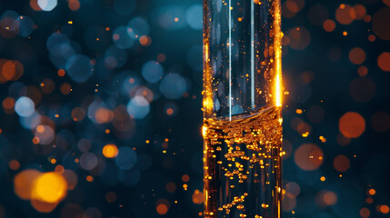 An image of a small vial containing a clear liquid with tiny shimmering particles swirling lazily within. substance is capable of shifting its molecular structure allowing