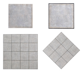 Top view of exterior isolated ceramic floor with concrete or gray cement effect. Non-slip grey matte square terrace and porch tiles texture elements on transparent background.