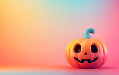 Cute 3d little pumpkin smiling on bright pastel background. Halloween day-greeting card. presentation. advertisement. invitation. copy text space.