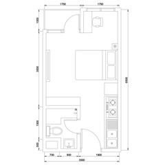 Drawing of a house plan, studio type apartment plan. with dimensions and furniture. apartment floor plan