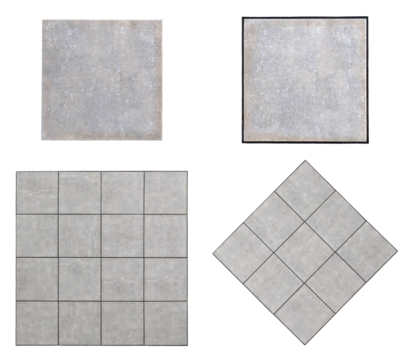 Top view of exterior isolated ceramic floor with concrete or gray cement effect. Non-slip grey matte square terrace and porch tiles texture elements on transparent background.