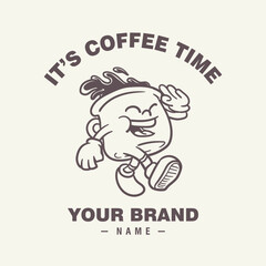 Cute coffee cup cartoon character, vector logo template
