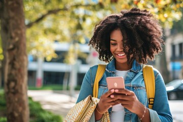 Smiling African American girl walking in university park using mobile cell phone shopping online or texting messages on cellphone. Happy female student holding smartphone standing, Generative AI 