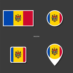 Moldova flag icon set in different shape ( rectangle, circle, square and marker icon) on dark grey background
