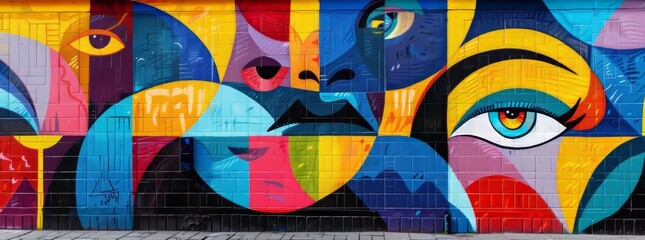Vivid street art mural featuring abstract eyes and colorful geometric patterns on a city wall.