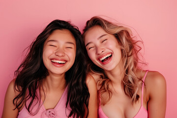 photo of two teen girls laughing in front of pink background, women's health and beauty,