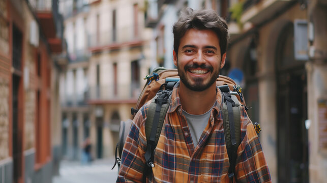 Fototapeta Joyful man with backpack exploring quaint streets of traditional old town in Spain, embodying adventure and wanderlust.
