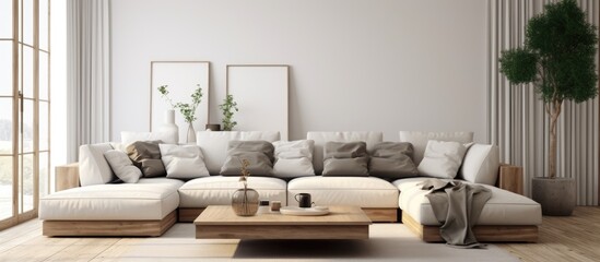 Modern living room with mockup poster frame and Scandinavian style design