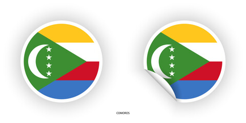 Comoros sticker flag icon set in circle shape and circular shape with peel off on white background.