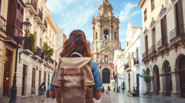 Fototapeta Back view of a female traveler with a backpack admiring the historic cathedral while exploring the charming streets of Spain.
