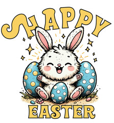 Happy Easter, Cute Bunny With Eggs PNG