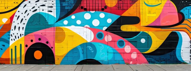 A colorful abstract mural with playful geometric shapes and dots on an urban street wall.