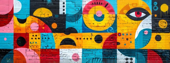 Colorful urban mural with bold abstract facial features and playful patterns on a graffiti wall.
