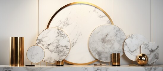Luxurious display featuring golden plate steel and Carrara marble on white background
