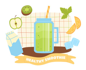 Healthy smoothie concept. Natural and organic drink with ice. Apple and kiwi, lemon slices with cocktail. Beverage with vitamins. Cartoon flat vector illustration isolated on white background